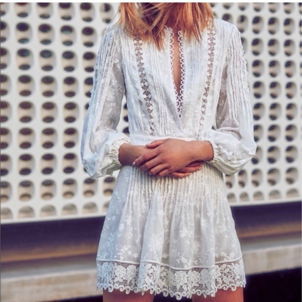 ALEXIS Mini Dress Womens Large White Embroidered Eyelet Lace Cottage Romantic